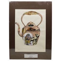 Catharina Anton Danial (Sri Lankan 1991-): 'Trinco City Map'; Mudhouse; Kettle; 'Galle Fort'; Lamp, set six watercolour and mixed media collages from 'Nostalgia' series, signed and dated 2023-2024, max 39cm x 28cm (6)
Notes: Catharina Danial is a Sri Lankan artist working with watercolour, thread, and collage to explore memory, place, and environmental change. A graduate of the University of Jaffna (BFA, 2016), she has exhibited with ARTRA Magazine, Colomboscope, and Saskia Fernando Gallery. Trinco City Map forms part of her ongoing exploration of coastal regions in Sri Lanka, drawing from field research, personal narrative, and ecological observation—particularly the impact of the economic crisis on marine life and coral ecosystems.