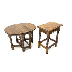 Small oak drop leaf occasional table, (W68cm, D52cm, H51cm), together with similar styled rectangular oak occasional table, turned supports and stretcher (W50cm, D30cm, H58cm)