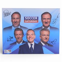 Soccer Saturday canvas, signed by Jeff Stelling, Matt le Tissier, Phil Thompson etc, H41cm, W51cm