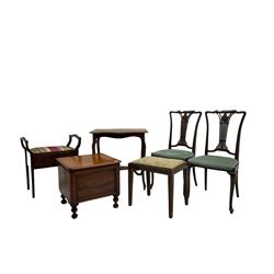 Early 20th century painted mahogany occasional table, piano stool, Victorian mahogany commode stool, two bedroom chairs, and a stool (6)