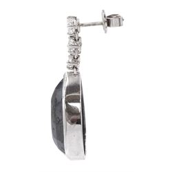 Pair of 18ct white gold black and white diamond pendant stud earrings, three graduating round brilliant cut diamonds suspending a single pear cut black diamond, hallmarked, total white diamond weight approx 1.05 carat, total black diamond weight approx 43.65 carat 