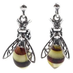 Silver Baltic amber bee pendant earrings, stamped 925 