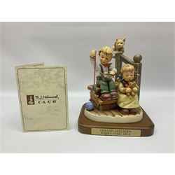 Three Hummel figure groups by Goebel, comprising Wishes Come True, on wooden plinth, First Love and Togetherness, tallest including plinth H21cm