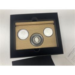 Royal Dutch Mint 'Europe Remembers' silver three coin set, comprised of Royal Canadian Mint 2020 one dollar '75th Anniversary of V-E Day', The Royal Mint 2020 one pound '75th Anniversary of VE Day' and Royal Dutch Mint 2020 five euros '75 Years of Freedom', cased with certificate