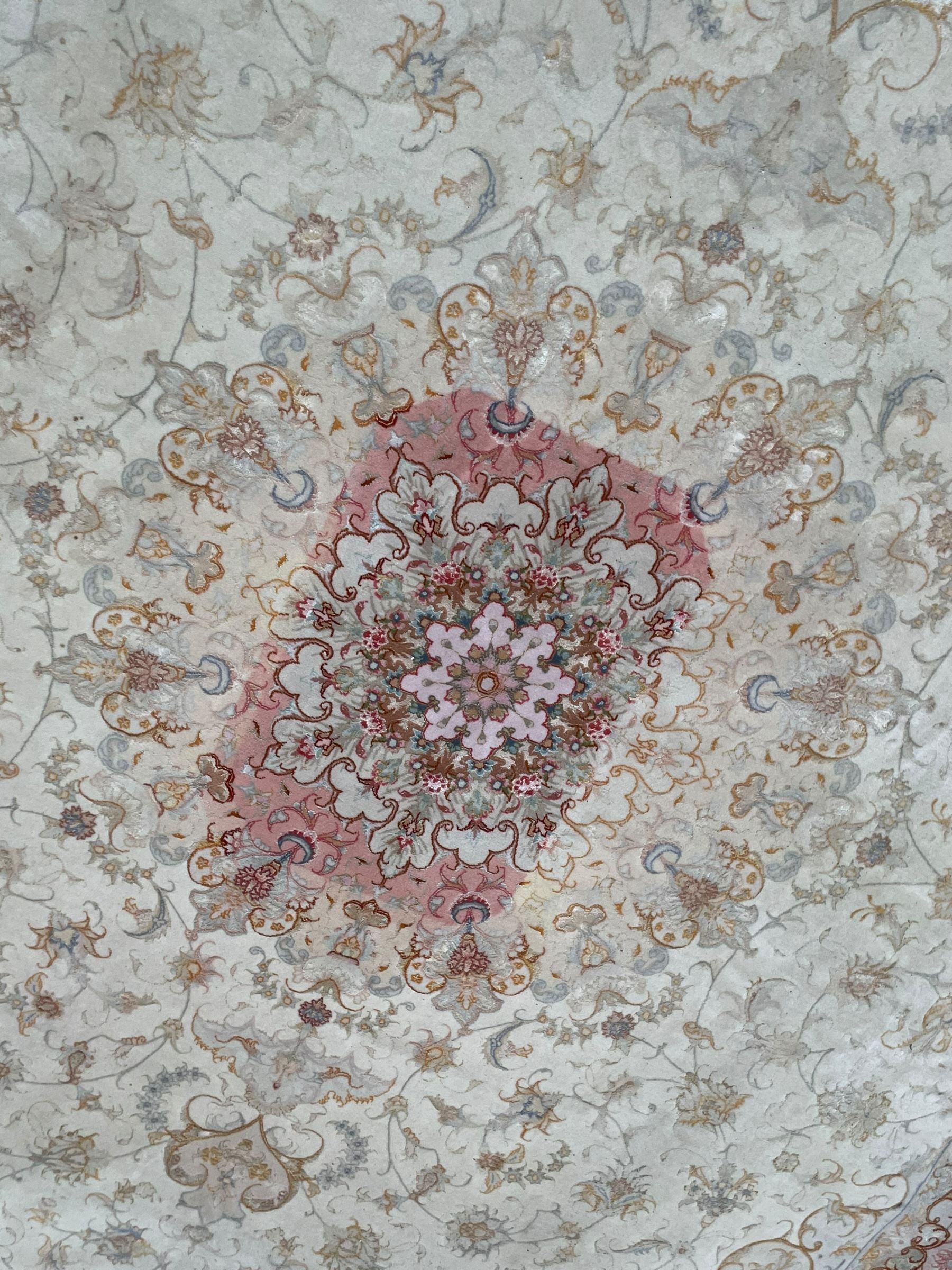 Persian Mahal densely knotted ivory ground carpet, floral rosette medallion surrounded by interlacing leafy branches and palmettes, scrolling border decorated with foliate motifs, within guard stripes, with signature panels to each end