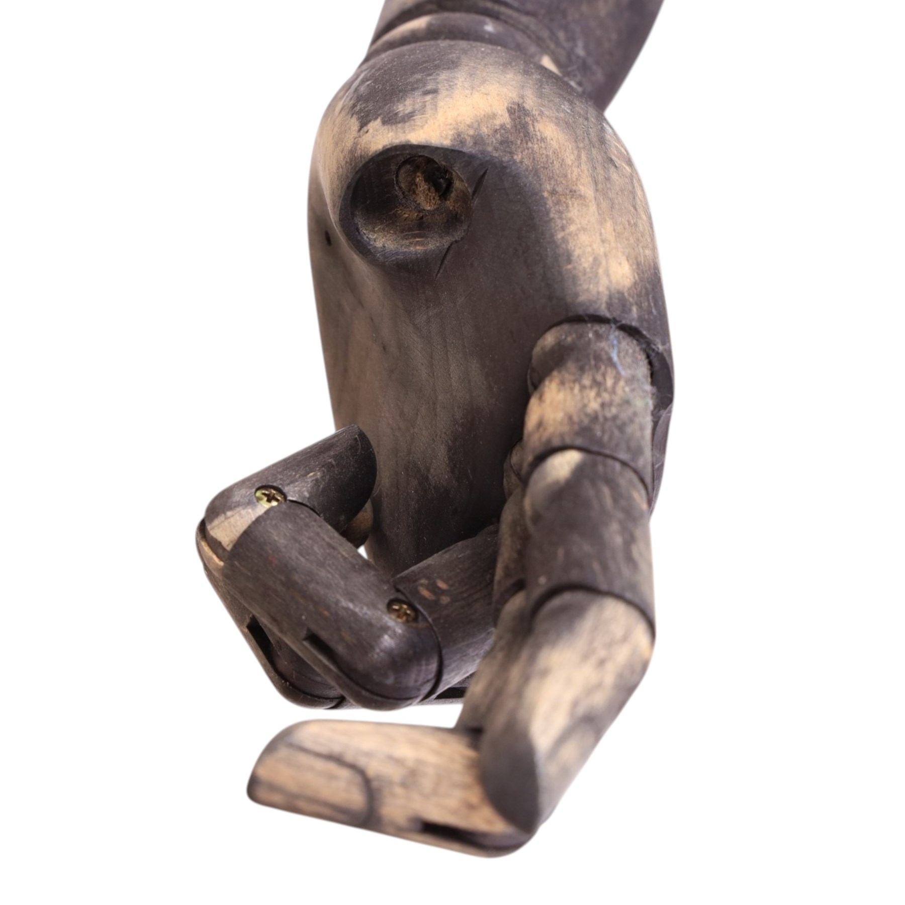Male mannequin torso with fabric body and poseable wooden arms, on a square metal base