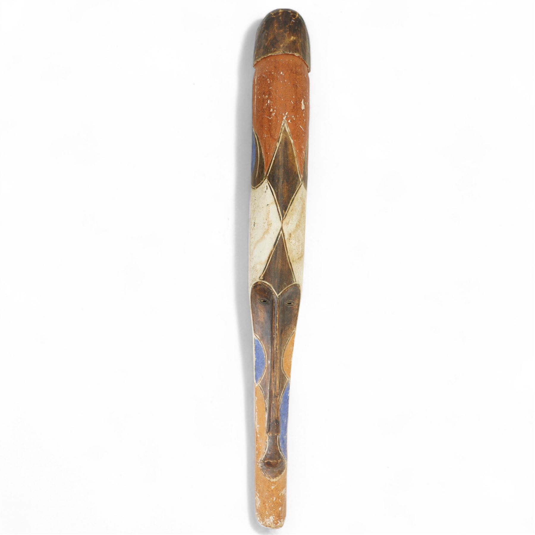 Large African treen grain spoon L62cm; carved wood Berber Tuareg tent peg, West African painted tribal mask 95cm and an Aboriginal wood panel carved with emus and snakes, possibly a bull roarer L82cm (4)