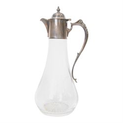 Silver mounted glass claret jug, with etched personalisation to body, hallmarked, H30cm