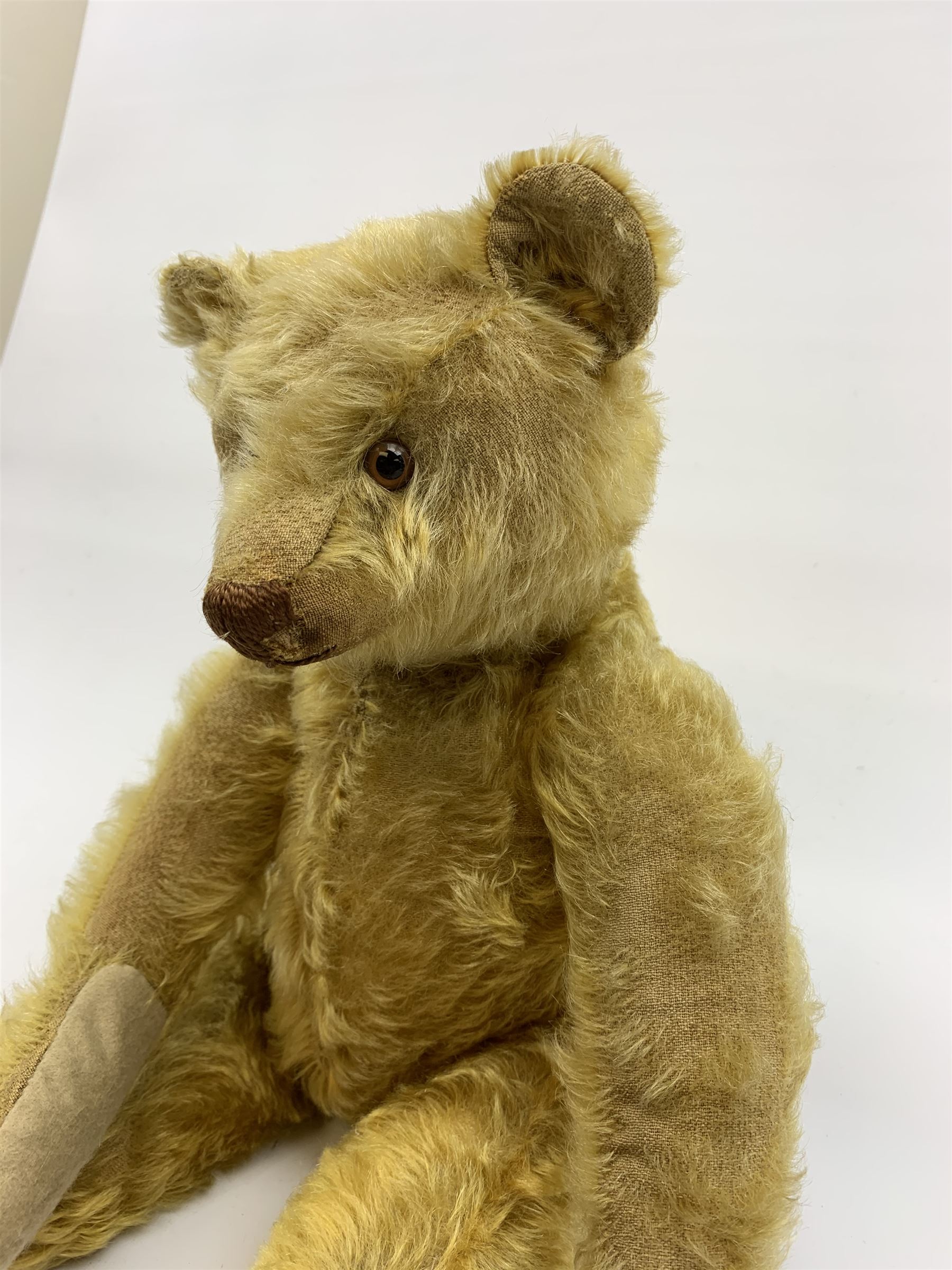 Early 20th century German teddy bear c1920, probably Steiff or Bing, with wood wool filled humped back golden mohair body, swivel jointed head with glass eyes and brown vertically stitched nose and mouth, jointed limbs with elongated arms and felt paw pads with black stitched claws H18
