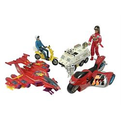 Manta Force Red Venom 1987 Bluebird Toys PLC toy plane with associated figures, with three more toy vehicles and figures comprising Lanard 1996 S.T.A.R Force Mobile Ground Support truck, Hasbro 2000 Action Man motorbike with side car, Sindy moped 
