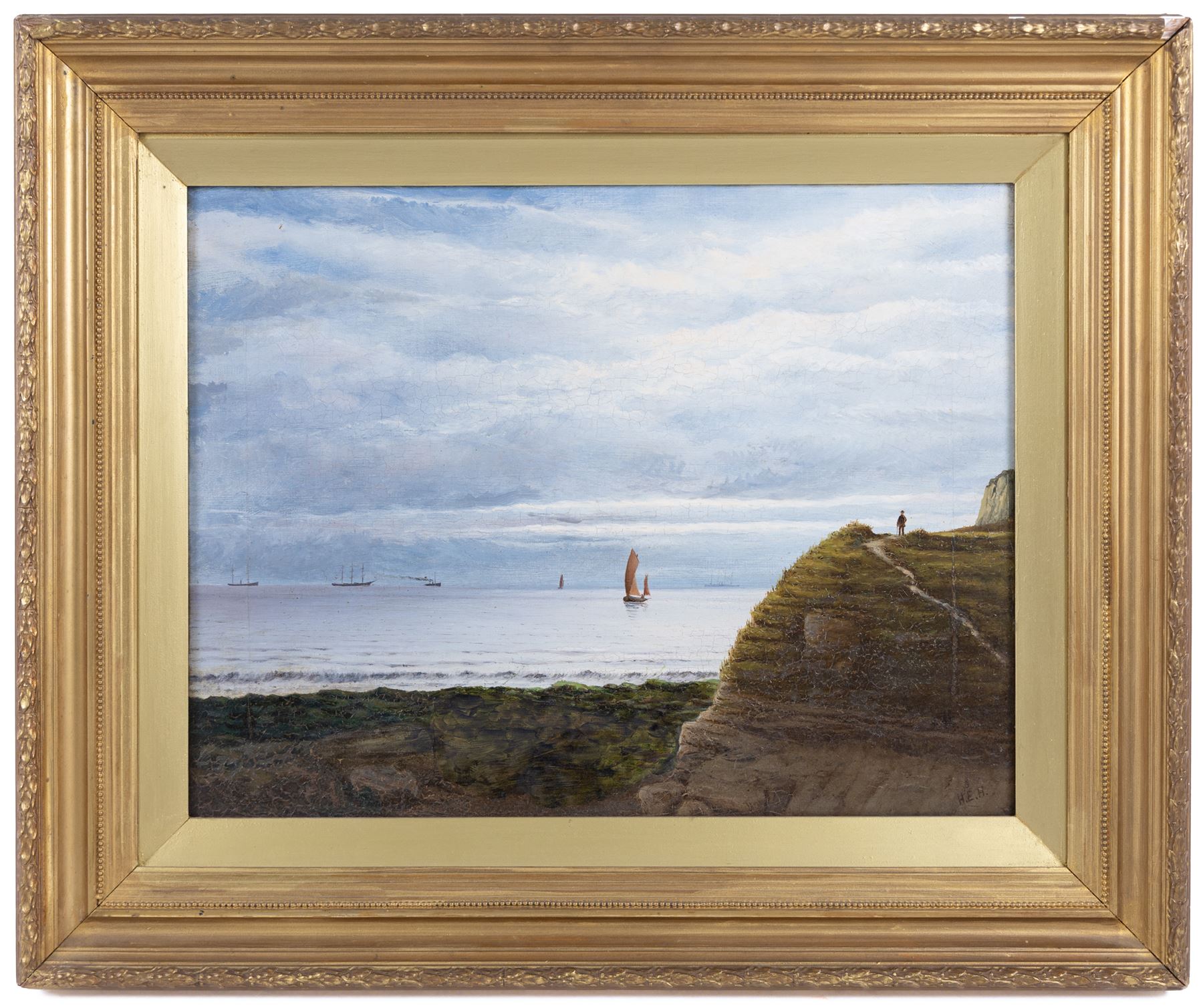 H E Hall (British 19th Century): 'Cow Gap - Beachy Head Eastbourne', oil on canvas signed with initials, titled verso 34cm x 45cm 