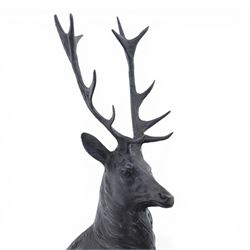 Pair of bronze stags, after Jules Moigniez, modelled in alert stance upon naturalistic bases, set on oval marble plinths, signed to base