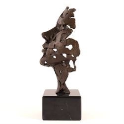 Bronze abstract sculpture of a pierced face, upon a squared marble base, H27cm