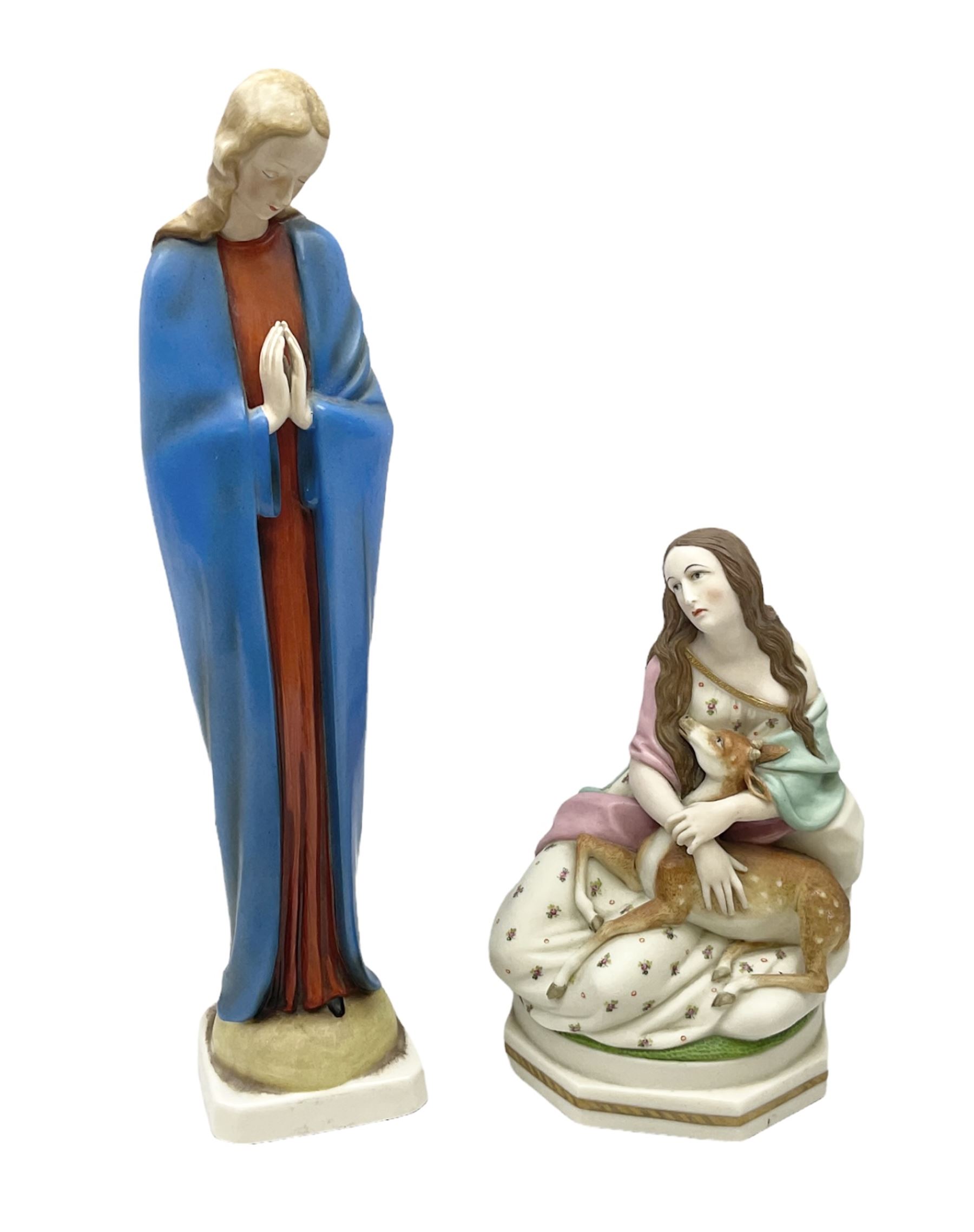 Hummel figure of a praying Saint together with a figure of a seated girl with deer, largest H40cm (2)