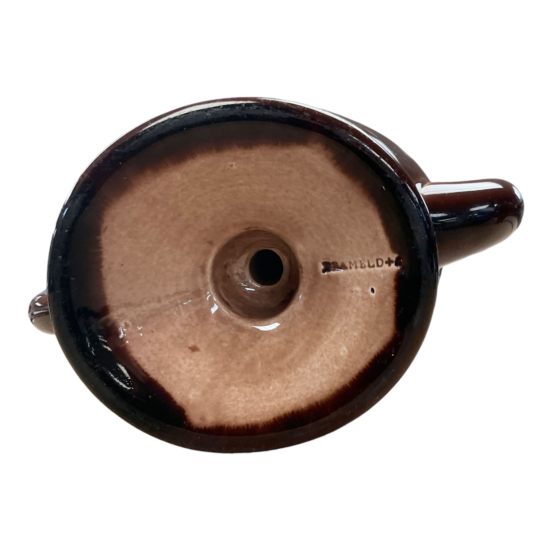 Brameld Cadogan Pottery Teapot, decorated in a brown glaze and applied with trailing fruit and flowers, impressed mark beneath 