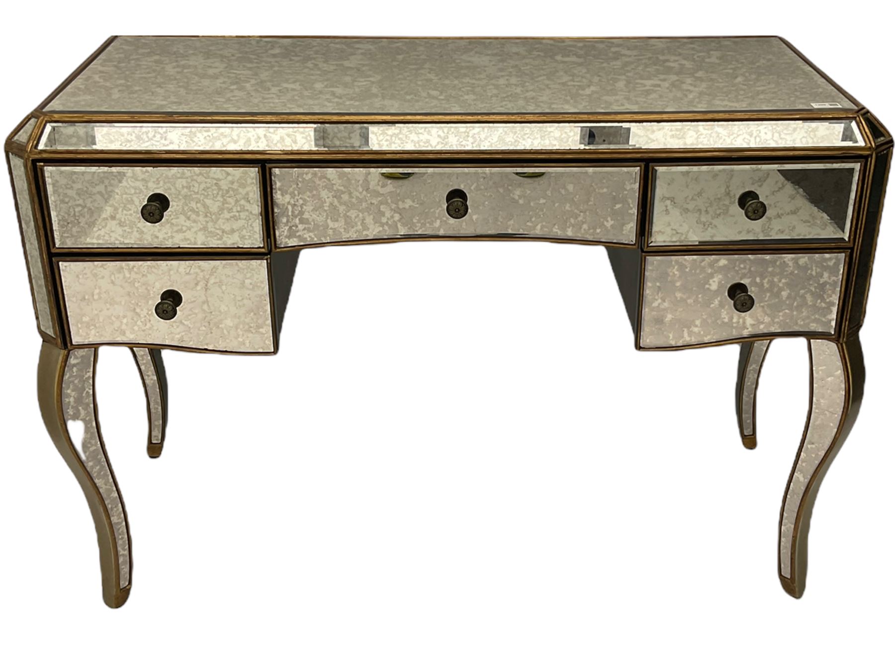 Contemporary mirrored dressing table, bevelled and antique style plates, fitted with five drawers, on cabriole supports 