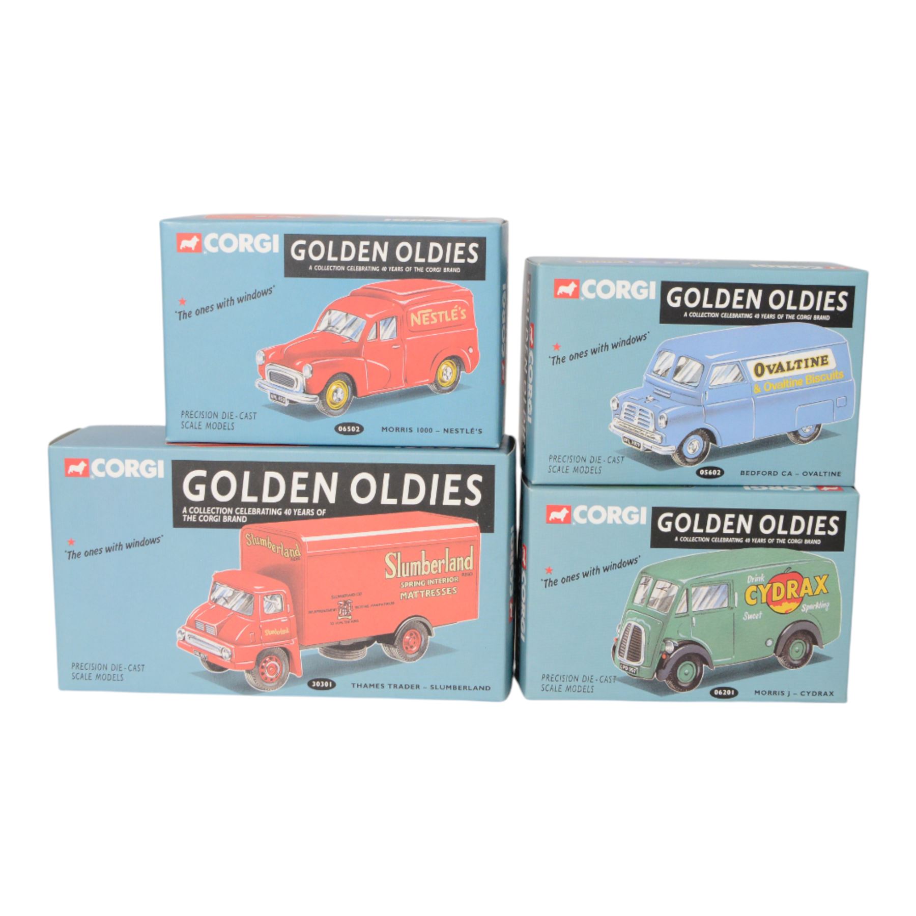 Twelve Corgi Golden Oldies 40th Anniversary Edition diescast models, including 19302 Bedford S Weetabix, 05601 Bedford CA Kodak, 19303 Thames Trader Heinz, 30301 Thames Trader Slumberland, 19301 Bedford S Lyons, 30302 Thames Trader Ever Ready and 30303 Bedford S Spratts, together with five Corgi Archive diecast models, all boxed (17)