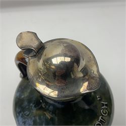Doulton Lambeth whisky flagon, inscribed 'Scotch' upon a mottled blue green ground, with silver plated cover and stopper, H25cm 