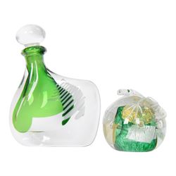 Michael James Hunter Twists Scottish glass paperweight topped with white and green lizard,...