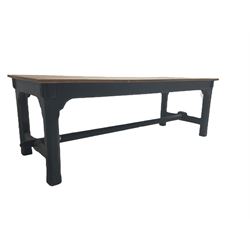 19th century oak refectory table, rectangular oak top on black painted base, canted square supports joined by stretchers 
