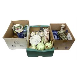 Quantity of Victorian and later ceramics to include three plates heavily decorated in red, blue and gilt, Faience candlestick, cylindrical vase in green and brown with peacock feather style decoration, Roslyn tea wares, other teawares and ceramics etc, in three boxes