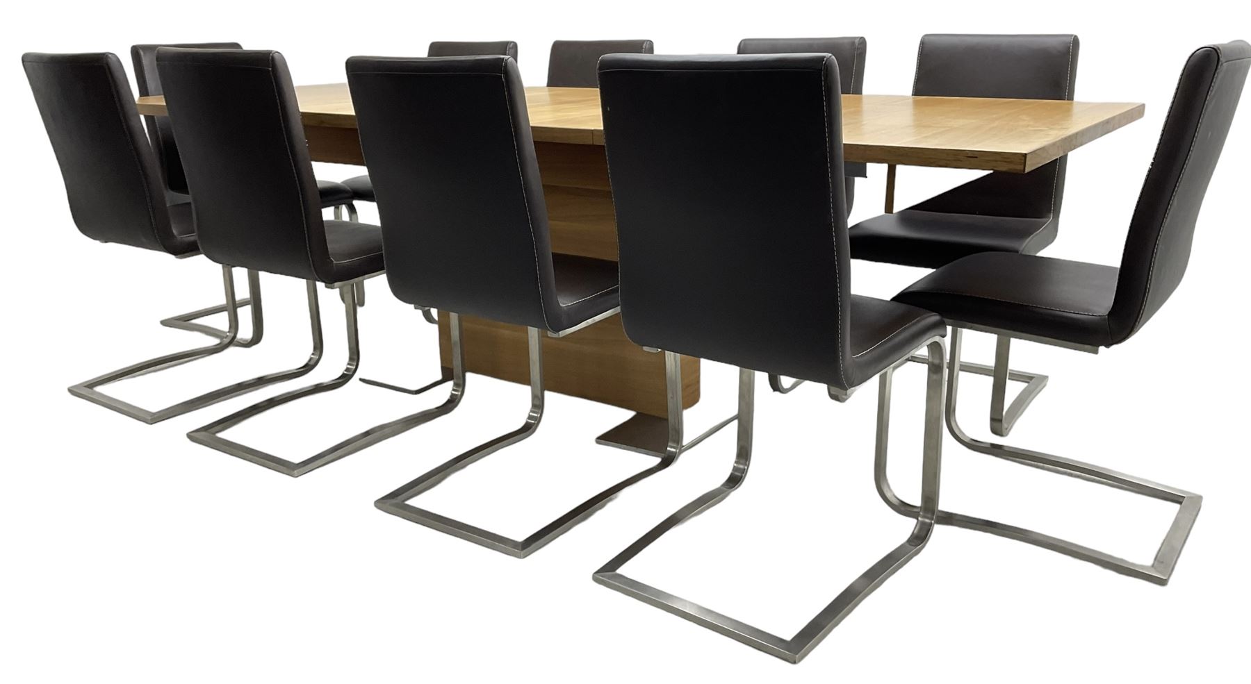 Contemporary walnut extending dining table, rectangular pull-out extending action top with two additional leaves, on rectangular base with burnished metal feet (160cm - 258cm x 100cm, H78cm); together with a set of ten cantilever dining chairs upholstered in stitched brown leather, on burnished metal supports 