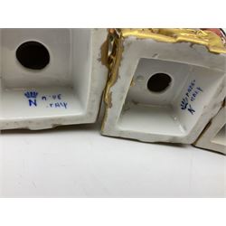 Group of seven Capodimonte figures of soldiers, to include four Bruno-Merli examples including Officer of the 12th Lancers 1820 and Captain of the 18th Hussars 1815, both raised upon ornate gilt plinths bearing British monarch motto in Latin 'Dieu et mon droit', and three further similar, all with crowned N mark beneath, tallest H32cm