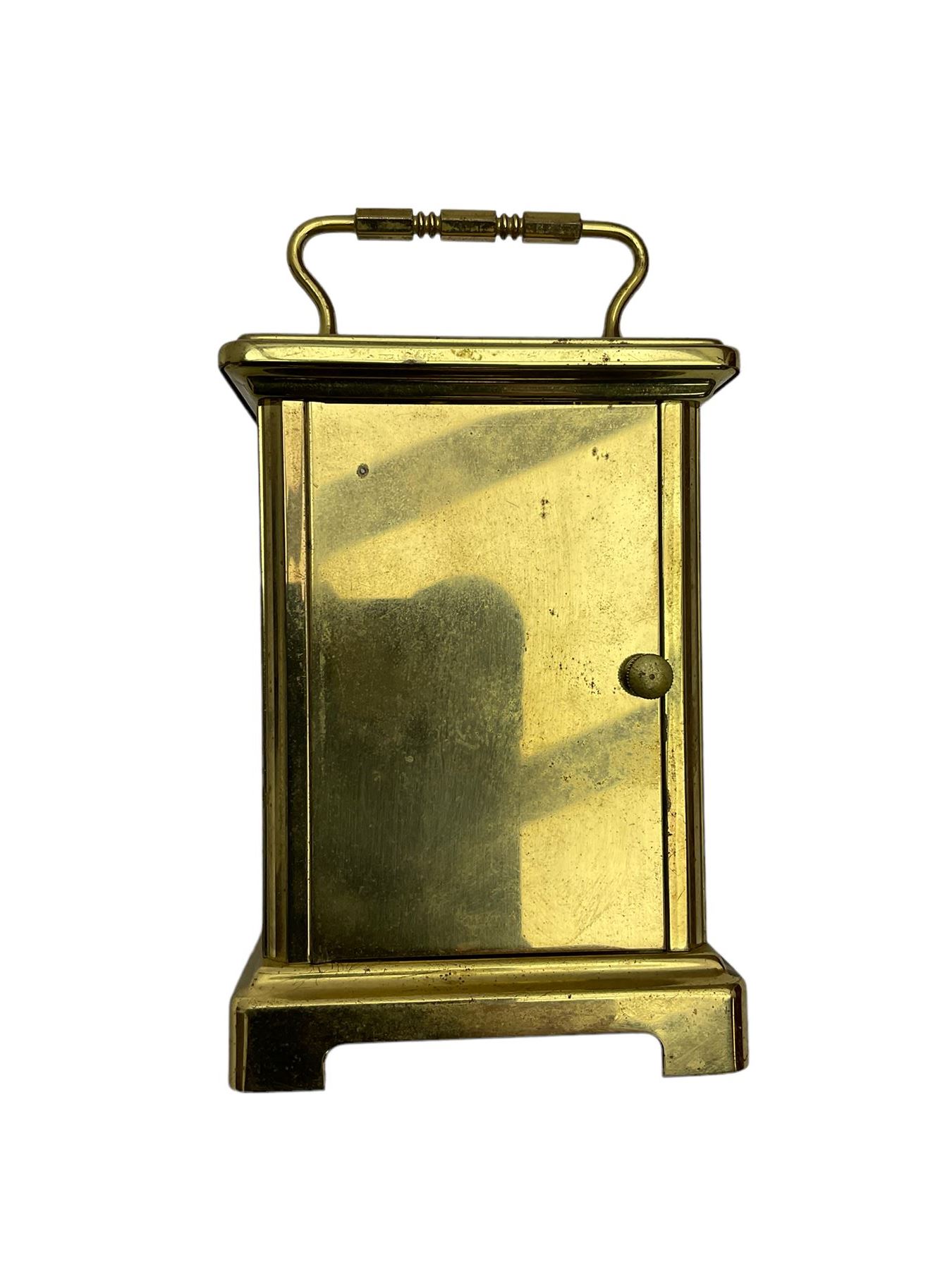  20th century French cornice “Bayard” 8-day timepiece carriage clock, with a lever platform escapement, enamel dial with roman numerals and minute track and Haller Torsion clock with acrylic dome
