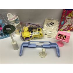 Barbie - collection of 1980s accessories including furniture and outside effects, Fluff the kitten, baby's high chair, playset and nursery items, groceries, crockery, pots and pans, homewares, television, 1985 Annual, transistor radio etc; all unboxed
