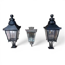 Pair of Victorian design black painted 'street' lamps, and a satin chrome light fitting