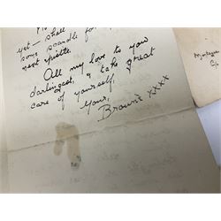 Montague Dawson interest - a correspondence of forty manuscript letters and notes to the marine artist from the same lady who signs herself 'Browne' or 'Brownie', c1920-24. The letters are in two sections, firstly a series of twenty-three hand written notes, all in the original envelopes and privately delivered to Dawson at Percy Street in London c1920, one envelope featuring a small unsigned pencil sketch of a sailing vessel. The second section of seventeen letters all date between April and July 1924 whilst Dawson was serving as the official artist on the South Seas Expedition on the S.Y. St. George where he was providing illustrated reports to The Graphic magazine. These letters (all but one in their original stamped envelopes) are far more detailed, up to twelve pages in length, and include two original photographs of the lady sent to Dawson during this Expedition.