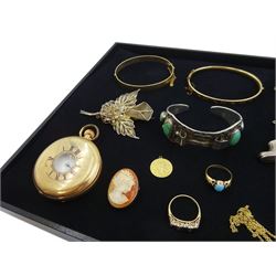 Gold sapphire and diamond chip ring, two other gold stone set rings and a St Christopher's pendant, all 9ct, gold-plated keyless pocket watch, silver bracelet, ingot and fob, 8ct gold cameo and other jewellery
