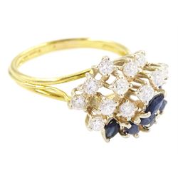 18ct gold sapphire and diamond cluster ring, twelve round brilliant cut diamonds and eight marquise cut sapphires, in a swirl design setting, Sheffield import mark 1989, total diamond weight approx 0.70 carat