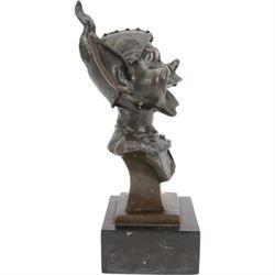 Modern bronze bust of a goblin upon a square black marble base, signed Juno, H28cm