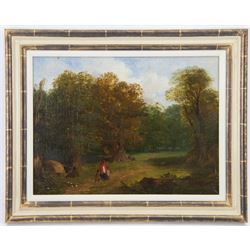 Attrib. Frederick Richard Lee RA (British 1798-1879): Figures on a Woodland Path, oil on canvas unsigned, later attribution on label verso 33cm x 45cm