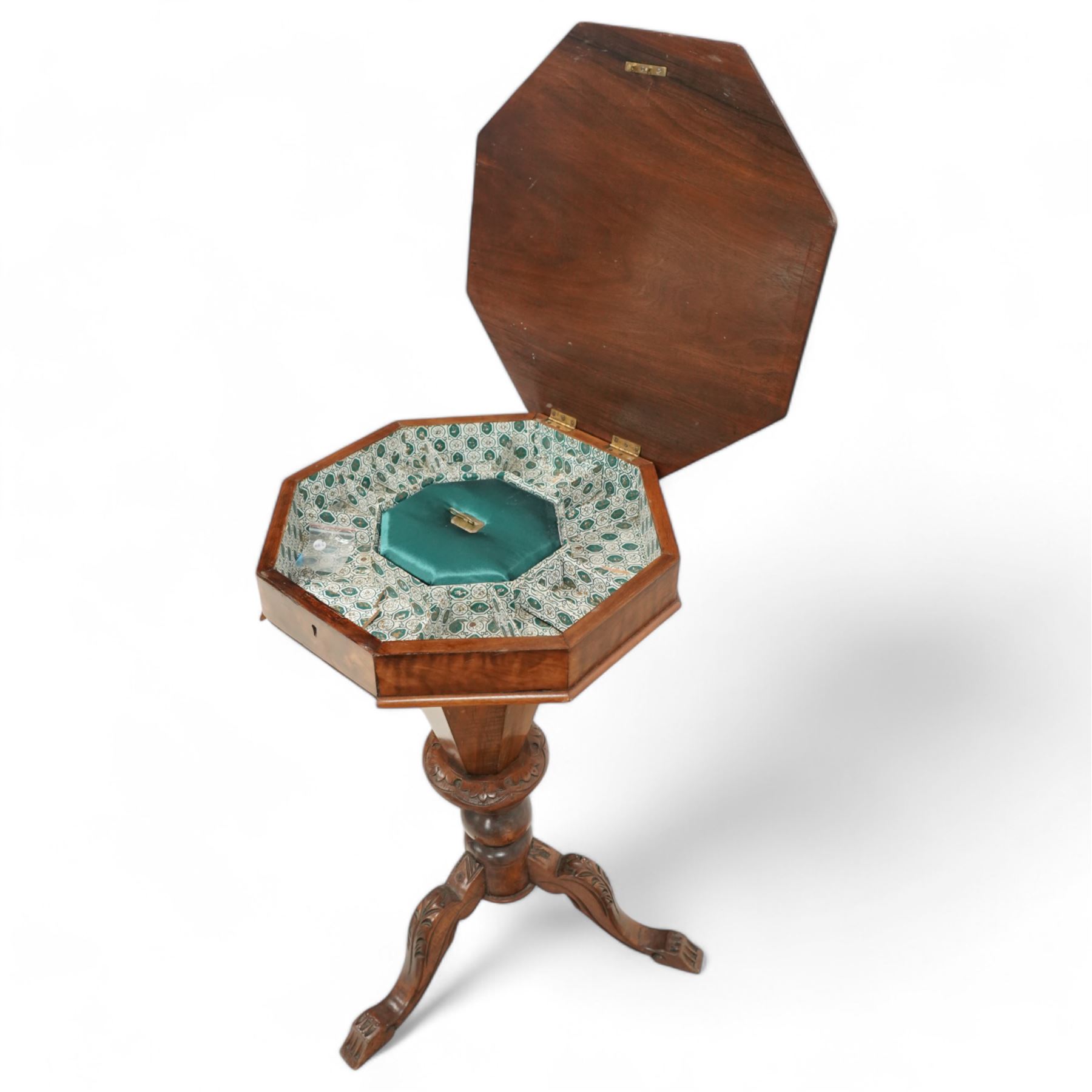Victorian mahogany trumpet sewing or work table, moulded octagonal hinged lid with parquetry inlaid band, with fitted interior, on turned and foliage carved pedestal with three out-splayed supports 