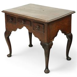 George III oak low-boy, moulded rectangular top over three small drawers and shaped apron,...