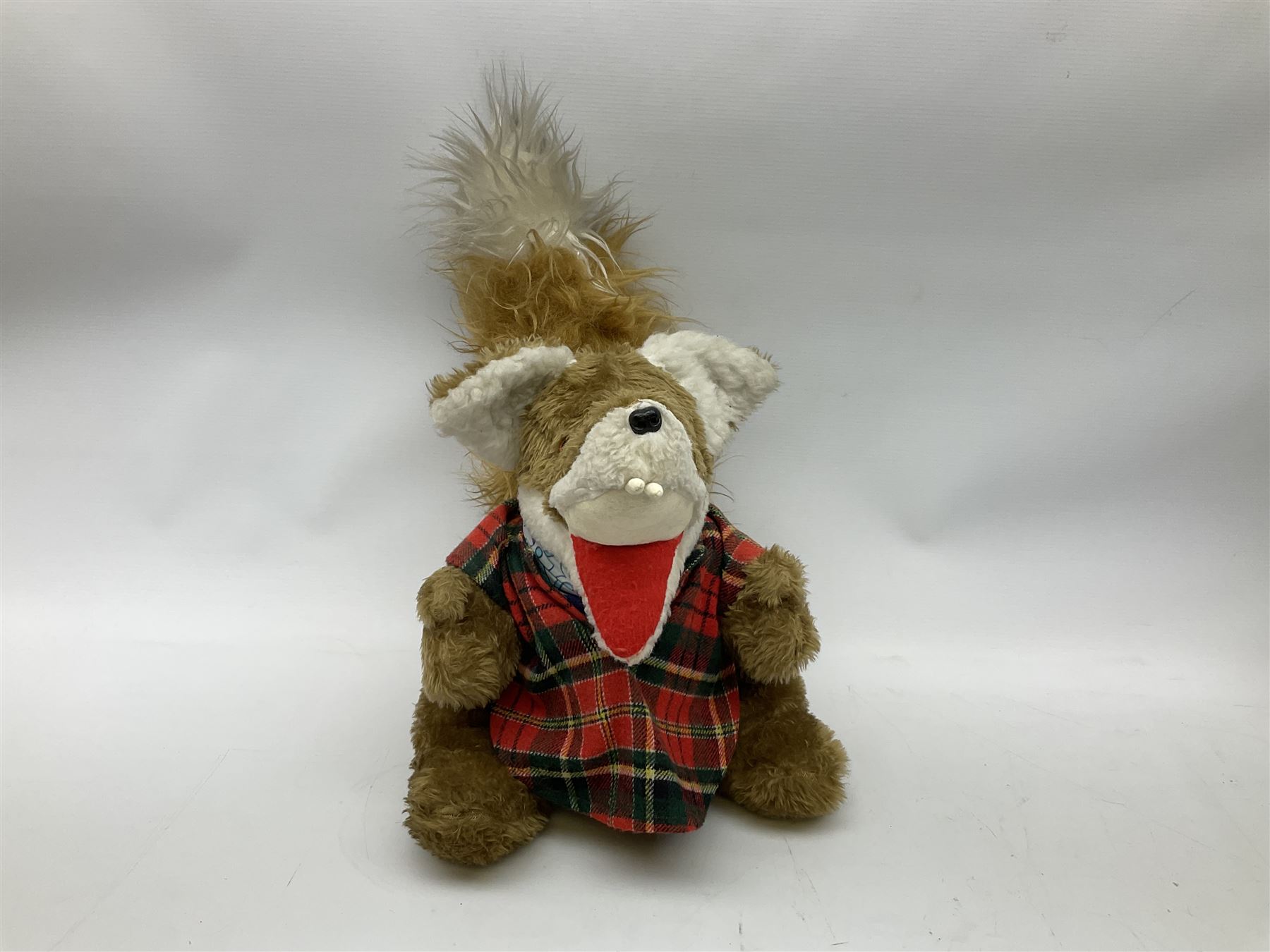 Vintage Basil Brush plush toy, in a tartan jacket together with a talking Basil Brush plush toy, tallest example H46cm