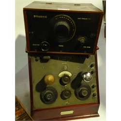  McMichael 'Portable Five' leather suitcase radio W39cm, Marconi Fellophone braodcast receiver in mahogany case and MCR Dynamo Co. Dynawave mahogany cased tuner (3)  