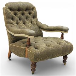 Late Victorian open armchair, in the manner of Howard & Sons, with deep buttoned seat and ...