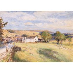 Robert Jobling (Staithes Group 1841-1923): Shepherdess and her Flock by a Watermill, water...