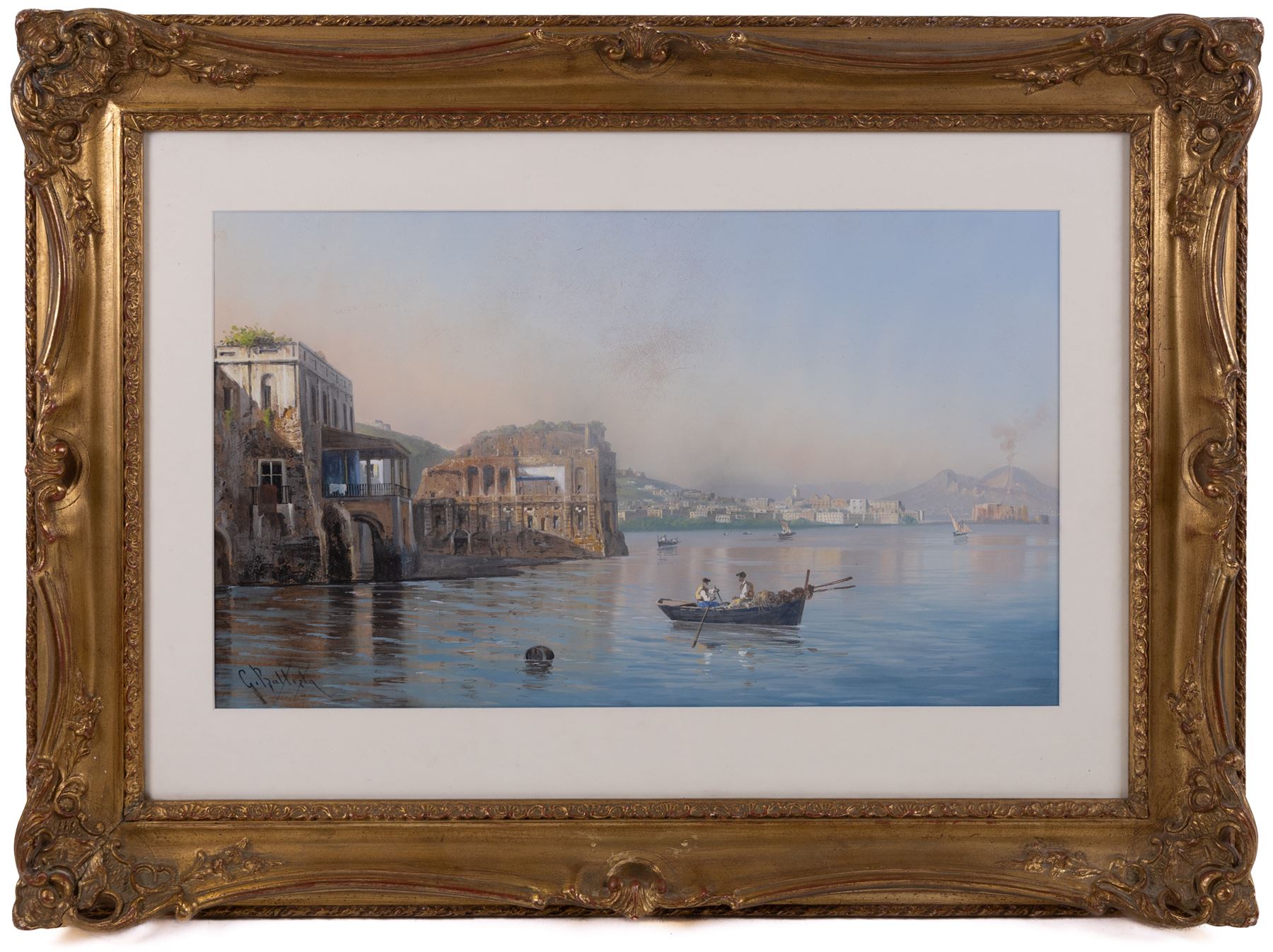 Giovanni Battista (Italian 1858-1925): Naples and Vesuvius, gouache signed 30cm x 51cm