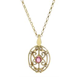 9ct gold oval pink tourmaline and split pearl openwork pendant necklace, hallmarked 
