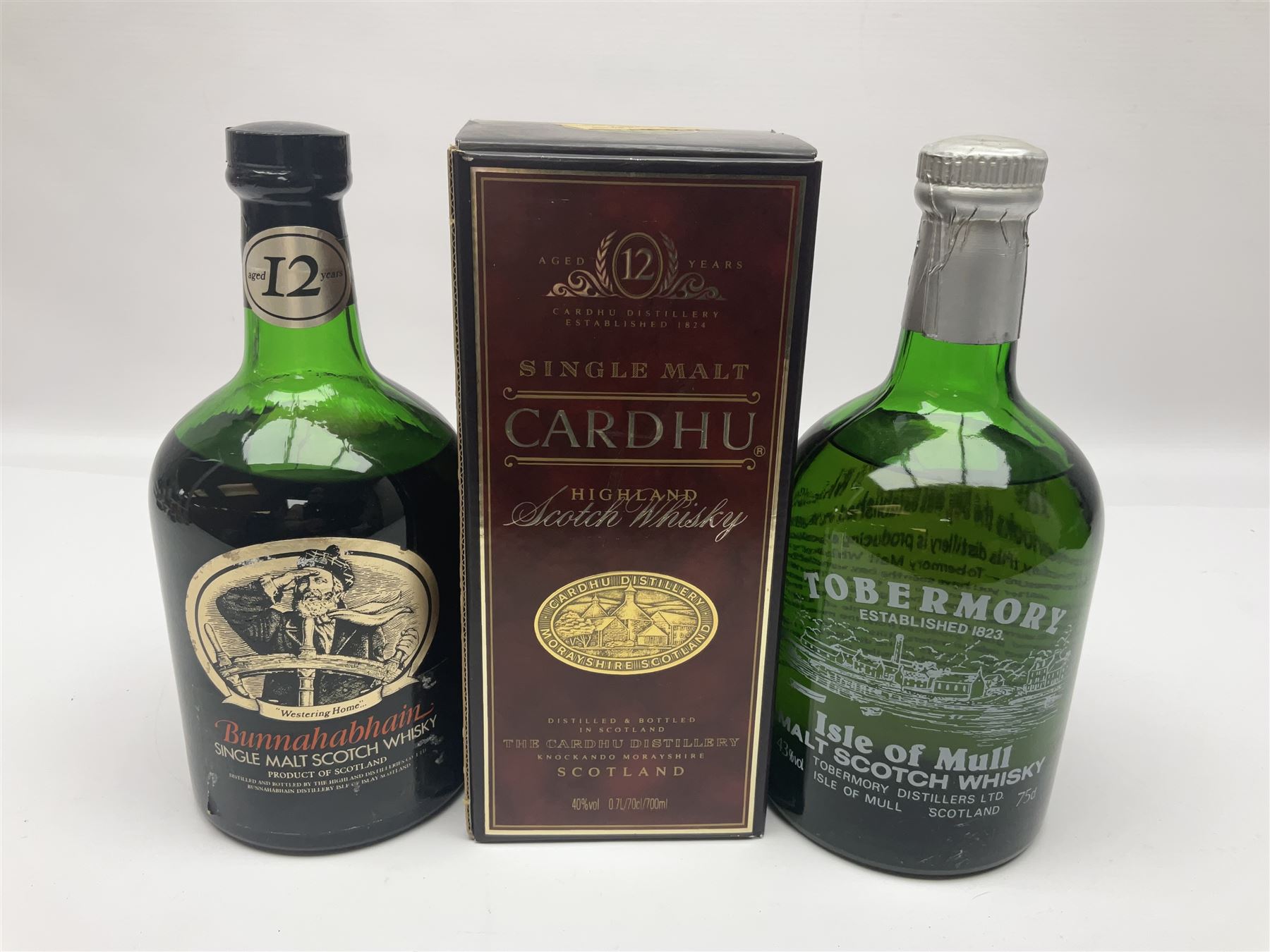 Tobermory Isle of Mull, malt Scotch whisky, Bunnahabhain 12 year old, single malt Scotch whisky and Cardhu 12 year old Scotch whisky, various contents and proof