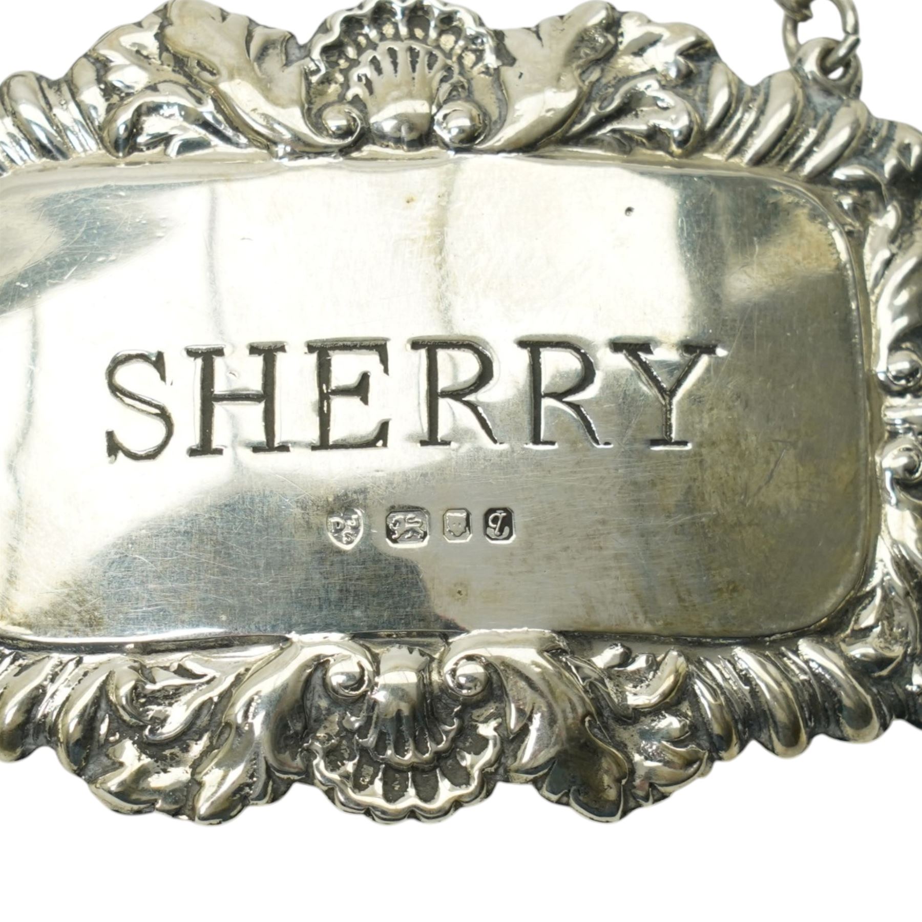 Set of three silver decanter labels Sherry, Gin and Whisky