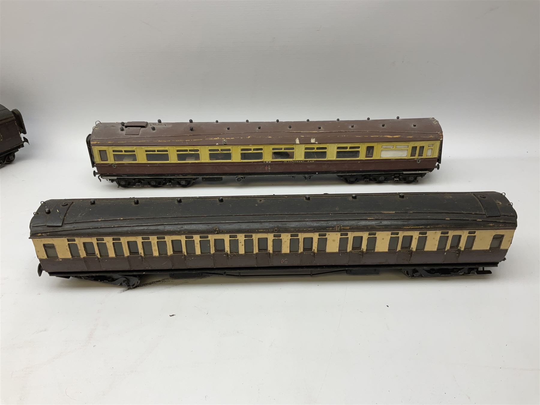 '0' gauge - eight early 20th century scratch-built coaches with GWR livery including three restaurant cars, newspaper van, luggage/guards van etc