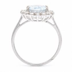 18ct white gold aquamarine and diamond cluster ring, single oval cut aquamarine of approx 2.05 carat, surrounded by sixteen round brilliant cut diamonds, stamped 18K, total diamond weight approx 0.50 carat