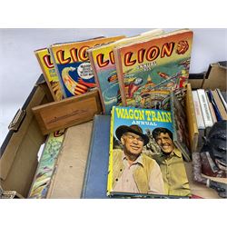Fishing rod, Jolly Man style mechanical money box, 1950s Lion annuals and other books