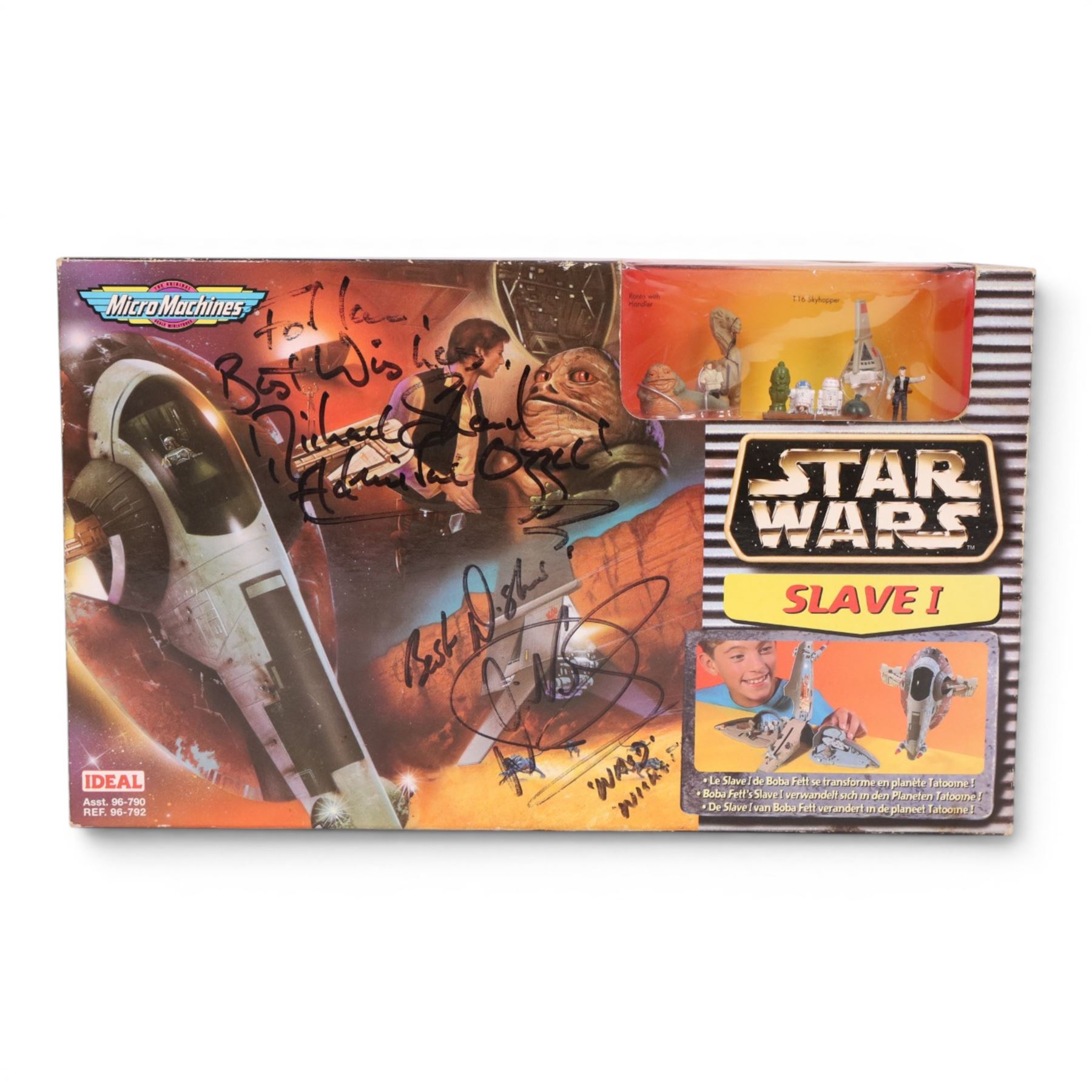 Galoob Micro Machines Star Wars Slave I, signed by Warwick Davis and Michael Sheard in black marker pen to front of box