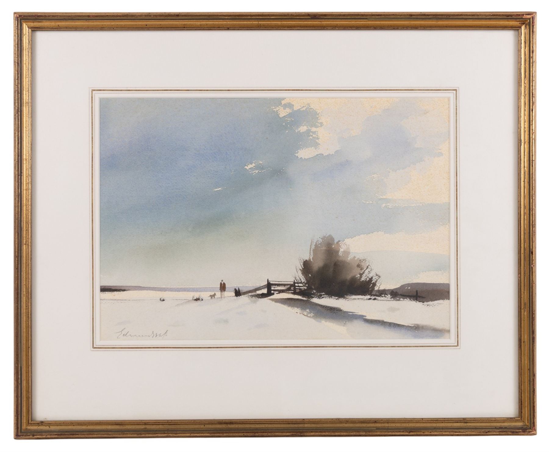 Edward Seago RWS RBA (British 1910-1974): Farmer with Dog in Winter Landscape, watercolour signed in pencil, later title verso 25cm x 36.5cm
